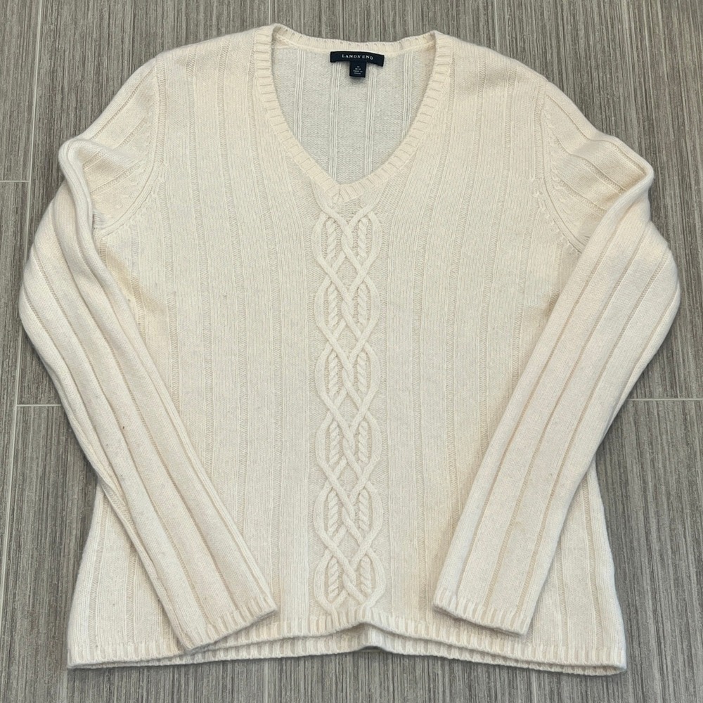 Lands End Cashmere V-Neck Cable Knit Ribbed Sweater Womens M Cream Ivory